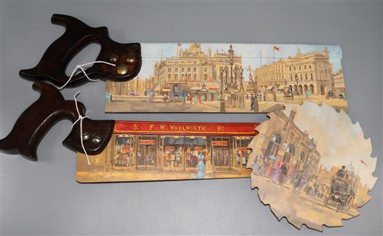 Peter Miller (1939-2014), two tenon saws and a circular saw painted in acrylic with old London scenes
